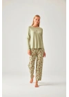 Fıstık Yeşil Çiçek Baskılı Bisiklet Yaka Pijama Takımı