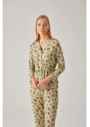 Fıstık Yeşil Çiçek Desenli Belden Bağlı Viskon Kadın Pijama Takımı