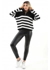 Kadın Çizgili Oversize Kesim Fermuarlı Triko Kazak Siyah