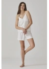 Kadın Ekru Jakarlı İp Askılı Şortlu Takım