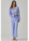 Kadın Mavi Jakarlı Kimono Yaka Pijama Takımı