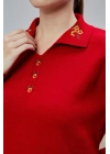 Kadın Polo Yaka Oversize Çiçek Nakışlı Triko Kazak Kırmızı