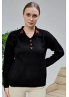 Kadın Polo Yaka Oversize Çiçek Nakışlı Triko Kazak Siyah