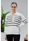 Kadın Polo Yaka Oversize Çizgili 4 Düğmeli Triko Kazak Ekru