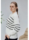 Kadın Polo Yaka Oversize Çizgili 4 Düğmeli Triko Kazak Ekru