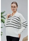 Kadın Polo Yaka Oversize Çizgili 4 Düğmeli Triko Kazak Ekru