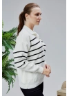 Kadın Polo Yaka Oversize Çizgili 4 Düğmeli Triko Kazak Ekru