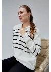 Kadın Polo Yaka Oversize Çizgili 4 Düğmeli Triko Kazak Ekru