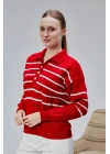 Kadın Polo Yaka Oversize Çizgili 4 Düğmeli Triko Kazak Kırmızı