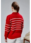 Kadın Polo Yaka Oversize Çizgili 4 Düğmeli Triko Kazak Kırmızı