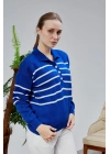 Kadın Polo Yaka Oversize Çizgili 4 Düğmeli Triko Kazak Saks Mavi