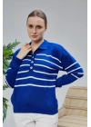 Kadın Polo Yaka Oversize Çizgili 4 Düğmeli Triko Kazak Saks Mavi