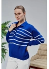 Kadın Polo Yaka Oversize Çizgili 4 Düğmeli Triko Kazak Saks Mavi