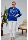 Kadın Polo Yaka Oversize Çizgili 4 Düğmeli Triko Kazak Saks Mavi