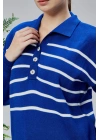 Kadın Polo Yaka Oversize Çizgili 4 Düğmeli Triko Kazak Saks Mavi