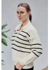 Kadın Polo Yaka Oversize Çizgili 4 Düğmeli Triko Kazak Ten Rengi
