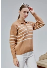 Kadın Polo Yaka Oversize Çizgili 4 Düğmeli Triko Kazak Vizon