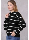 Kadın Polo Yaka Oversize Çizgili Fermuarlı Triko Kazak Siyah