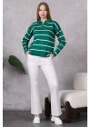Kadın Polo Yaka Oversize Çizgili Fermuarlı Triko Kazak Yeşil