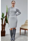 Kadın Triko Takım Delikli Kazak ve Askılı Elbise Standart Beden Gri