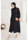 Kaplama elbise Kemerli Boydan Düğmeli Tesettür Tunik Siyah 7140