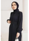 Kaplama elbise Kemerli Boydan Düğmeli Tesettür Tunik Siyah 7140