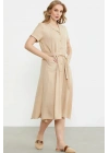 Keten Görünümlü Cepli Gömlek Elbise - Bej