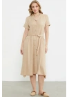 Keten Görünümlü Cepli Gömlek Elbise - Bej