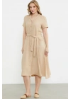 Keten Görünümlü Cepli Gömlek Elbise - Bej