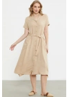 Keten Görünümlü Cepli Gömlek Elbise - Bej