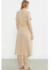 Keten Görünümlü Cepli Gömlek Elbise - Bej