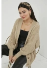 Lugmo Kadın Triko 4 Düğmeli Örgü Hırka Bej 70 cm