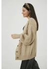 Lugmo Kadın Triko 4 Düğmeli Örgü Hırka Bej 70 cm