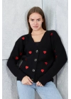 Lugmo Kadın Triko Hırka Kalpli Standart Beden Siyah