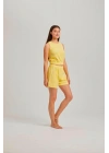 Sarı Kalın Askılı Viskon Kadın Şortlu Takım