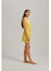 Sarı Kalın Askılı Viskon Kadın Şortlu Takım