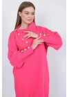 Triko Uzun Kadın Elbise Yaka Düğmeli Fujya