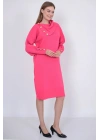 Triko Uzun Kadın Elbise Yaka Düğmeli Fujya