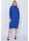 Triko Uzun Kadın Elbise Yaka Düğmeli Mavi