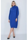 Triko Uzun Kadın Elbise Yaka Düğmeli Mavi