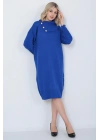 Triko Uzun Kadın Elbise Yaka Düğmeli Mavi