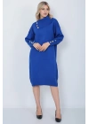 Triko Uzun Kadın Elbise Yaka Düğmeli Mavi