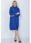 Triko Uzun Kadın Elbise Yaka Düğmeli Mavi