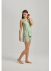 Yeşil Dalga Desen Kısa Kollu Düğmeli Şort Takım