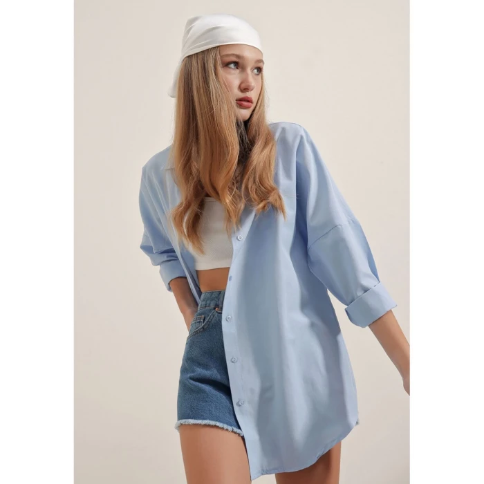 BEBE MAVİSİ OVERSİZE GÖMLEK