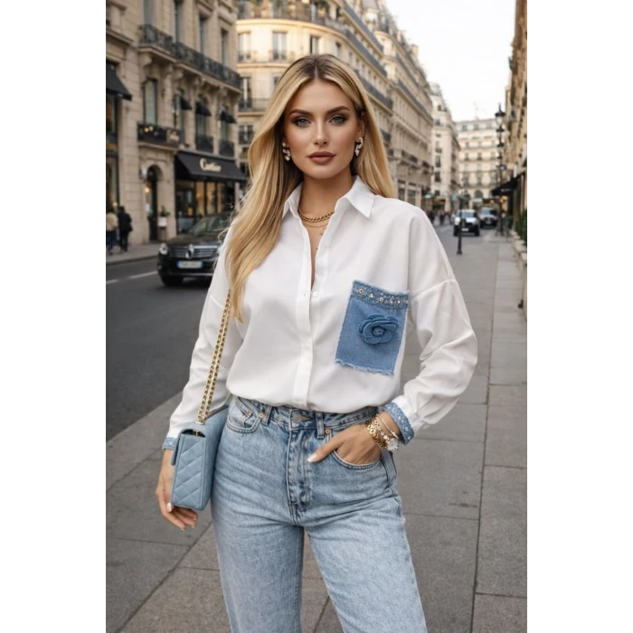 BEYAZ CEP VE KOL DETYLI GÖMLEK