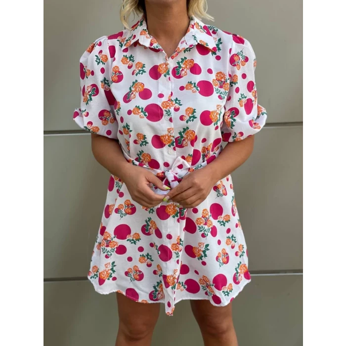 FUŞYA ÇİÇEK DESENLİ GÖMLEK ELBİSE