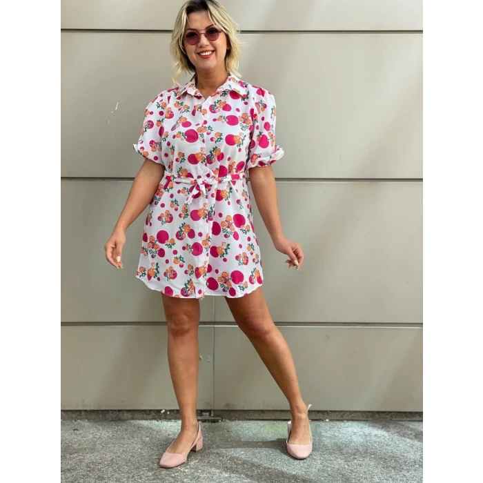 FUŞYA ÇİÇEK DESENLİ GÖMLEK ELBİSE