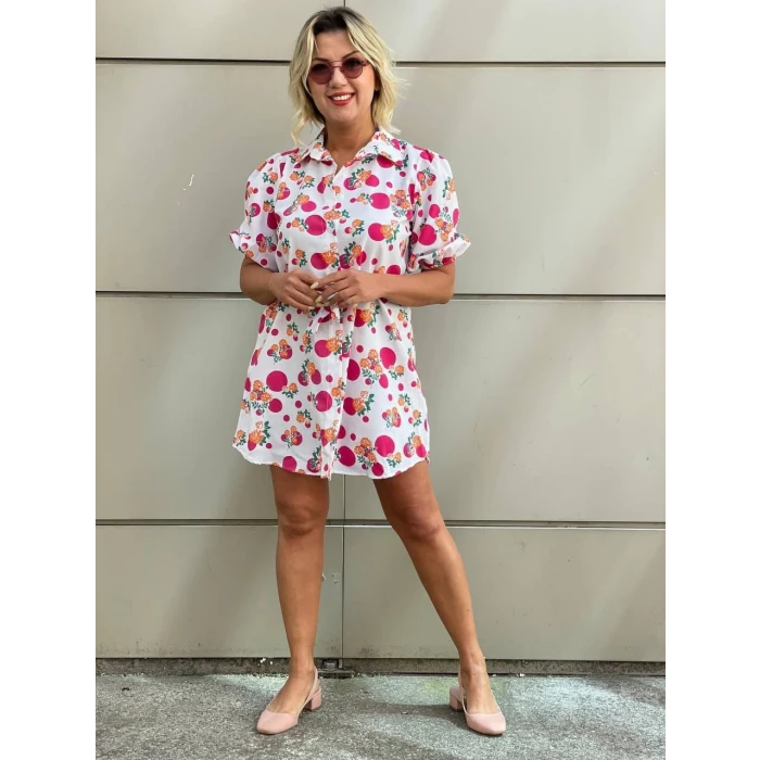 FUŞYA ÇİÇEK DESENLİ GÖMLEK ELBİSE