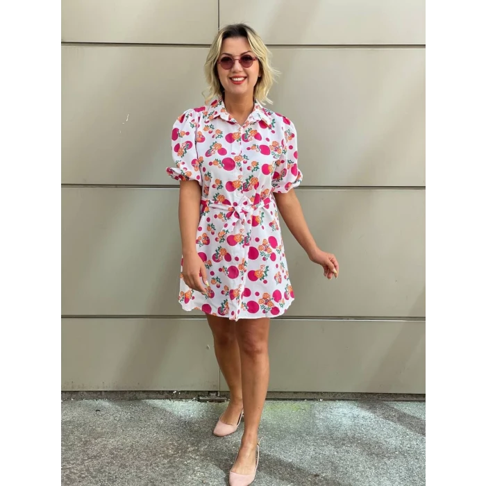 FUŞYA ÇİÇEK DESENLİ GÖMLEK ELBİSE